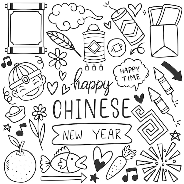 Free vector chinese new year with icon doodle style