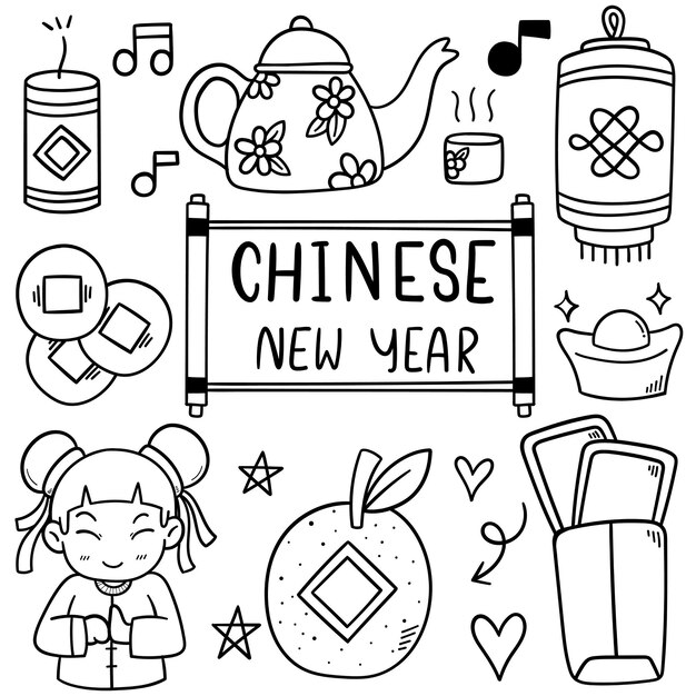 Chinese new year with icon doodle style