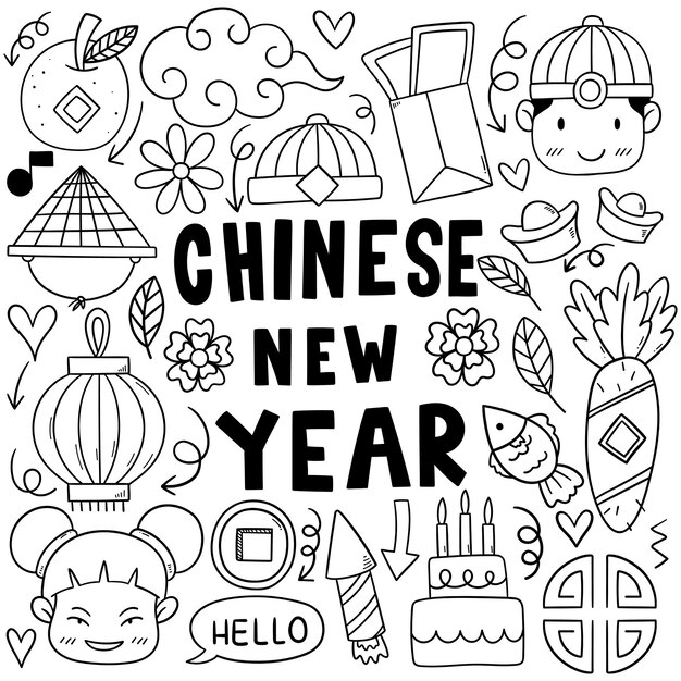 Китайский новый год в стиле каракули значок