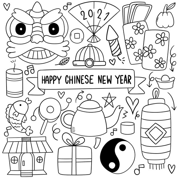 Chinese new year with icon doodle style