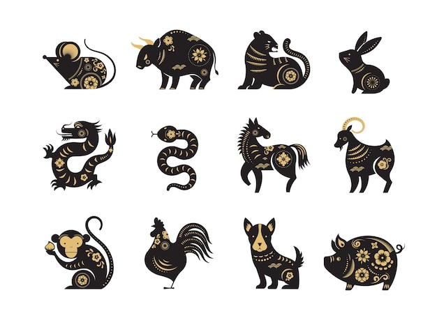 Chinese new year, zodiac signs, papercut icons and symbols.