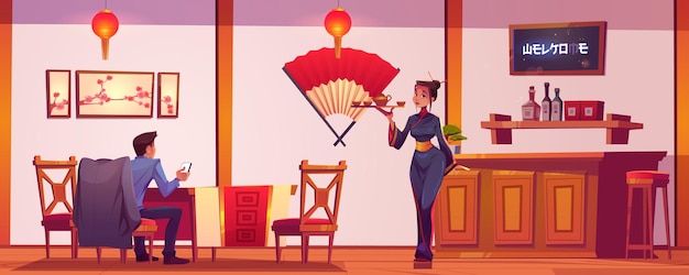 기모노 차림의 웨이트리스와 전화를 사용하는 남자가 있는 중국 또는 일본 레스토랑. 붉은 아시아 등불과 벽에 팬이 있는 중국 카페 내부에서 차를 마시는 고객과 소녀의 벡터 만화 삽화