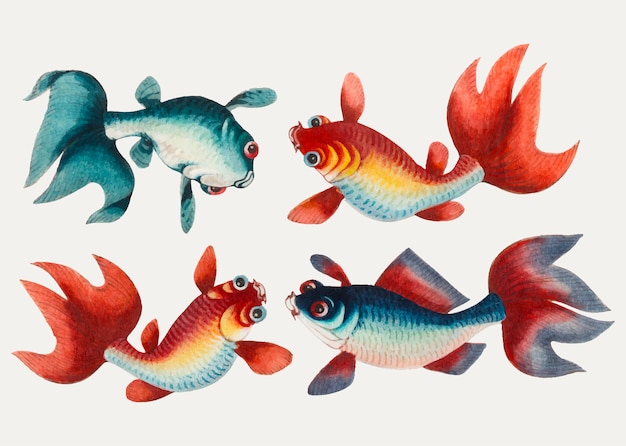 2本の金と2本の銀魚を特徴とする中国の絵画。