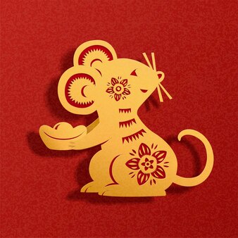 Chinese paper art mouse holding gold ingot on red background