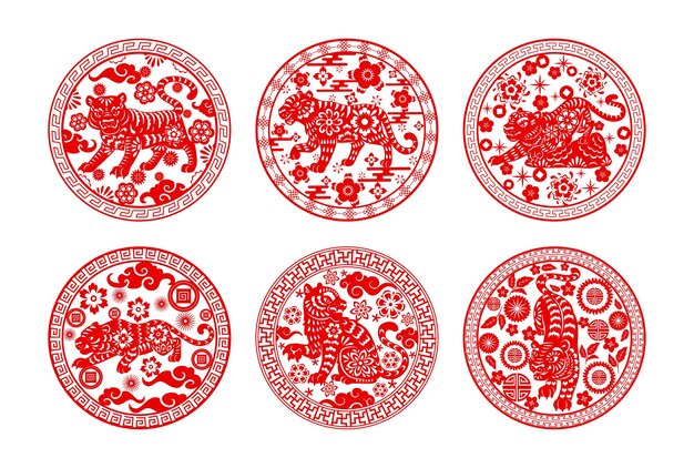 Chinese papercut tigers, chinese lunar new year and zodiac signs, vector icons. china asian new year or lunar calendar symbol tiger with paper cut art ornaments of clouds, flowers and coins