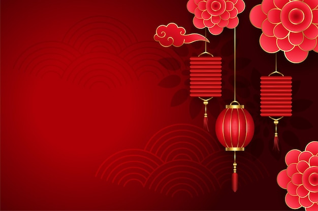 Бесплатное векторное изображение Китайский красный фон с цветами и фонарями