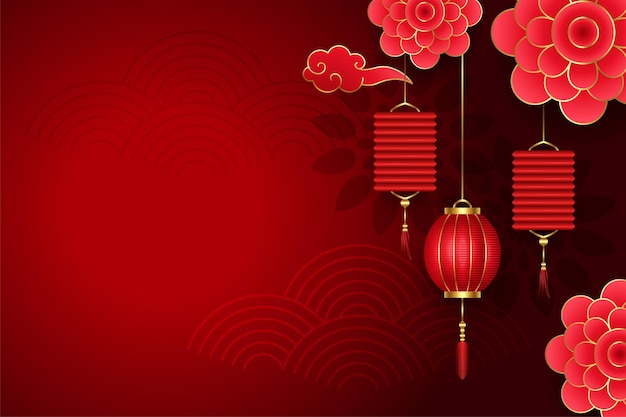 Chinese red background with flowers and lanterns