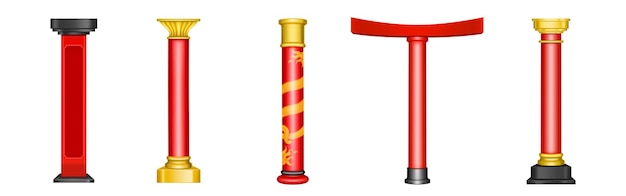 Chinese red pillars, historic gold architecture decor for asian temple, pagoda, gazebo, arch and gate.