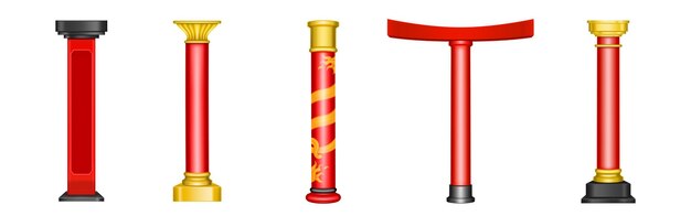 중국 붉은 기둥, 아시아 사원, 탑, 전망대, 아치 및 문을위한 역사적인 금 건축 장식.
