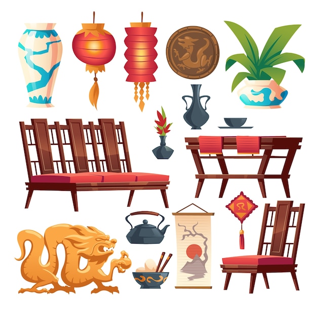 Insieme isolato roba ristorante cinese. arredamento tradizionale caffè asiatico, lanterna rossa, tavolo e sedie in legno, vaso e moneta con drago, riso in una ciotola con bastoncini, teiera, illustrazione del fumetto