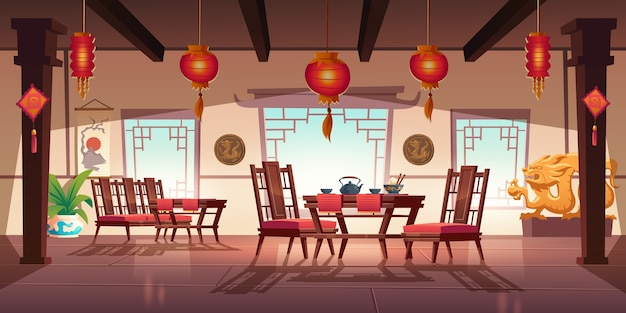 Chinese restaurant with food and tea on wooden table and chairs. cartoon interior of china cafe with traditional windows, red asian lanterns, flower and decoration with dragons