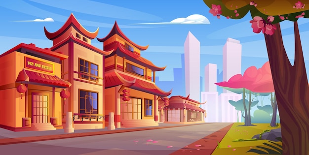 Free vector chinese street with restaurant building in town cartoon background chinatown shop house traditional exterior with signboard in historic district malaysia business place near road to skyscraper