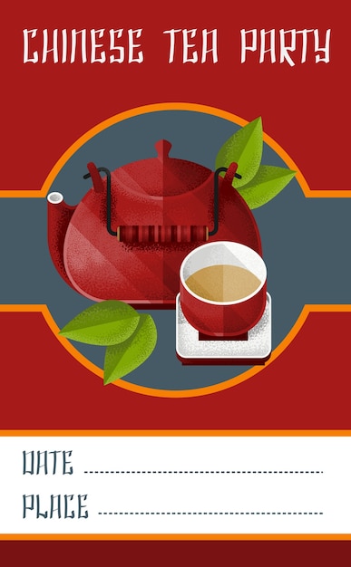 Chinese tea party invitation card template with red kettle and pialat on saucer
