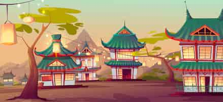 Free vector chinese village street with old typical houses