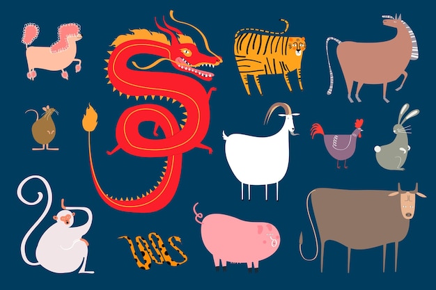 Бесплатное векторное изображение Набор наклеек китайских зодиакальных животных на синем фоне