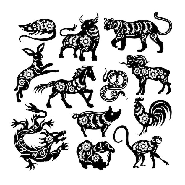 Le figure dello zodiaco cinese di animali sacri che tagliano da carta nera su sfondo bianco hanno isolato l'illustrazione vettoriale