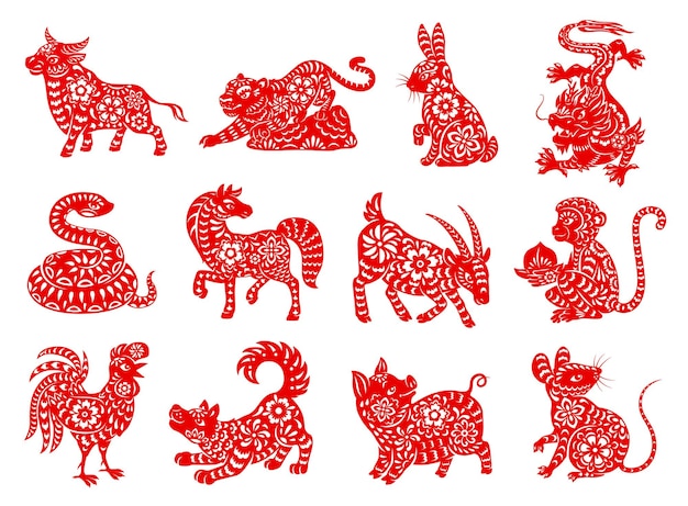 Chinese zodiac horoscope animals, red papercut vector characters. astrology calendar tiger, dog, snake and horse, pig, monkey, dragon and mouse, rabbit, rooster, goat and ox, oriental lunar new year