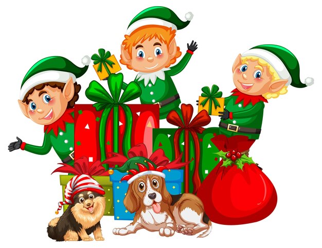 Chistmas elves and cute dogs in Christmas theme