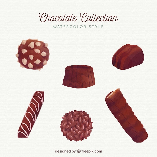 Vettore gratuito collezione di barrette e pezzi di cioccolato in stile acquerello