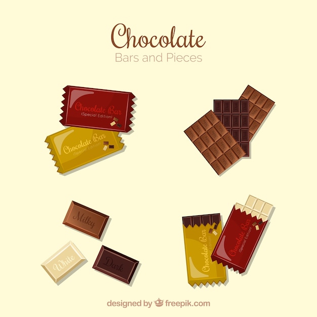 Free vector chocolate bars and pieces collection with different shapes and flavors