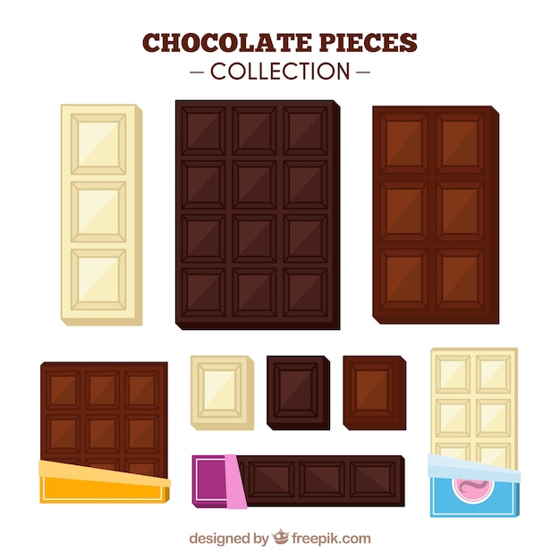 Chocolate bars and pieces collection with different shapes and flavors