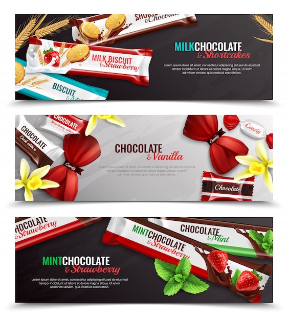 Free vector chocolate candies and biscuits packaging  with vanilla strawberry mint flavor 3 realistic horizontal banners isolated