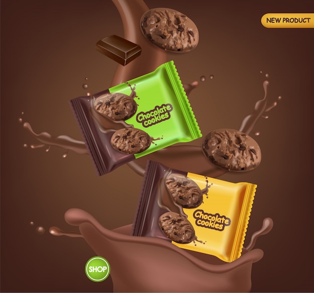 초콜릿 쿠키 현실적인 조롱. 초콜릿 스플래시와 맛있는 디저트 떨어지는 쿠키. 3d 자세한 제품 패키지. 라벨 디자인 포스터