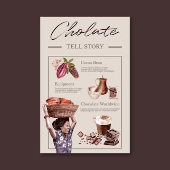 Chocolate harvest and making with cocoa branch trees watercolor, infographic, illustration