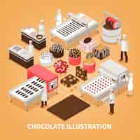 Vettore gratuito produzione di cioccolato con persone che controllano il processo di produzione e set di prodotti artigianali ed dolci
