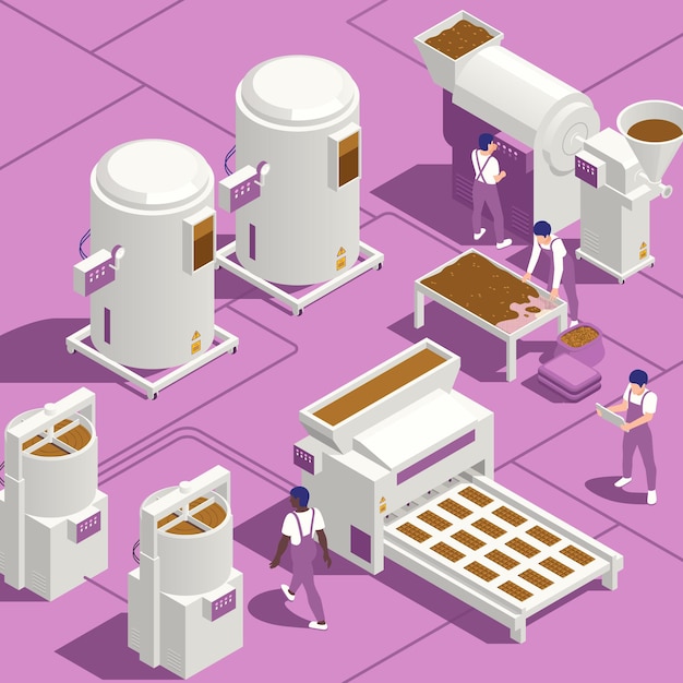 Chocolate manufacturing factory production beans roasting grinding sifting melting bars forming machines isometric background flowchart illustration