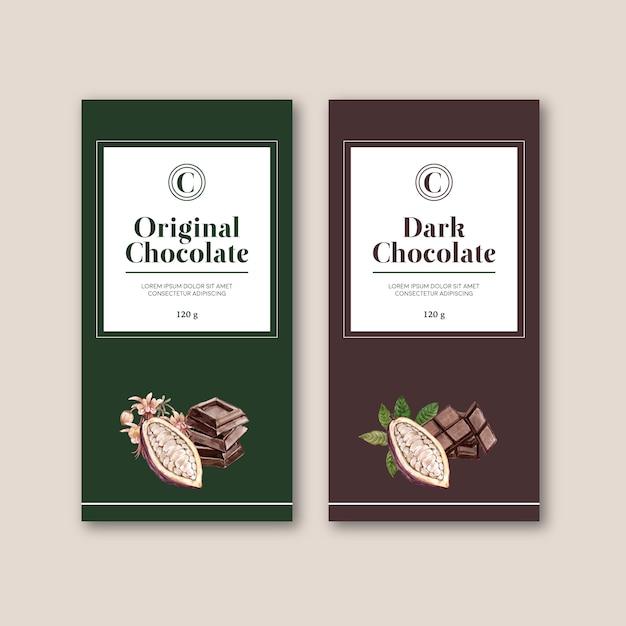 Vettore gratuito imballaggio del cioccolato con gli ingredienti ramo di cacao, illustrazione dell'acquerello
