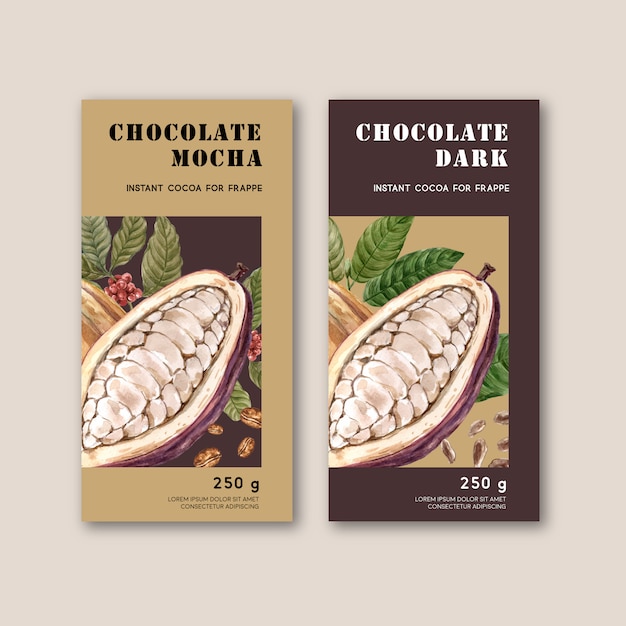 Imballaggio del cioccolato con gli ingredienti ramo di cacao, illustrazione dell'acquerello