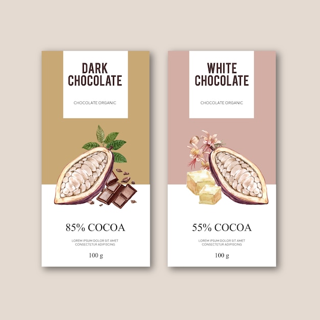 Imballaggio del cioccolato con gli ingredienti ramo di cacao, illustrazione dell'acquerello