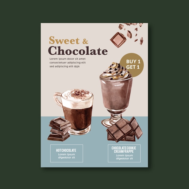 Chocolate poster with chocolate drink frappe, watercolor illustration