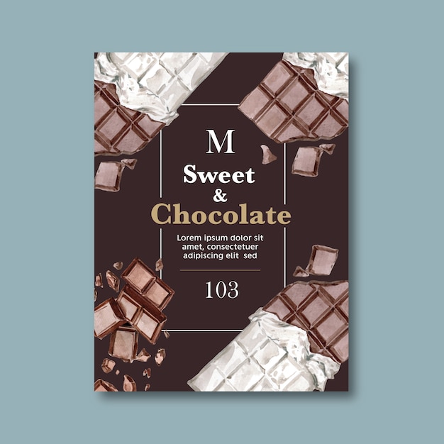 Free vector chocolate poster with ingredients making chocolate bar broke, watercolor illustration