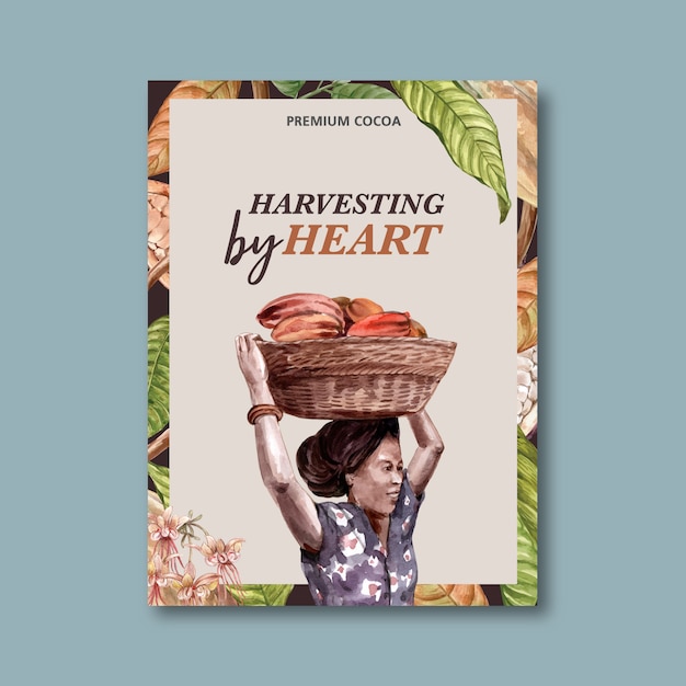 Manifesto del cioccolato con la donna che raccoglie gli ingredienti cacao, illustrazione dell'acquerello