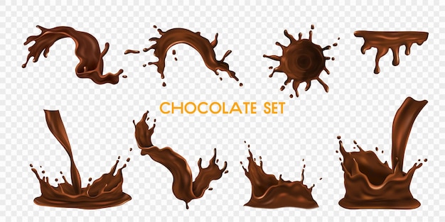 Vettore gratuito insieme trasparente realistico della spruzzata e della goccia del cioccolato isolato