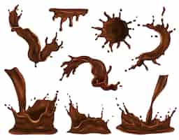Free vector chocolate splash swirl and drop realistic set isolated