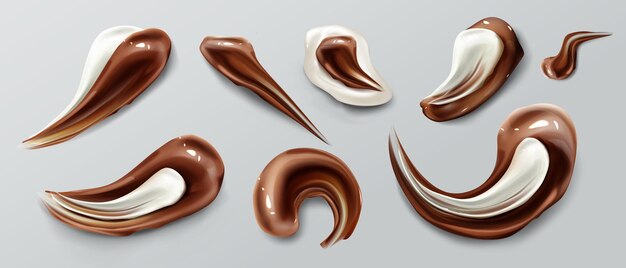 Шоколадные штрихи коричневые белые жидкие мазки соуса ганаш или пятна сиропа и отдельные пятна таяния