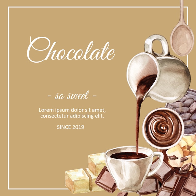 Vettore gratuito ingredienti dell'acquerello del cioccolato, facendo cioccolato bere cacoa e burro illustrazione