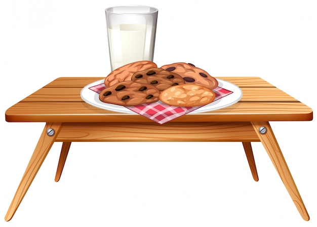 Chocolatechip cookies and milk on wooden table