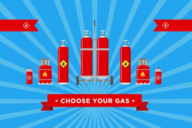 ガスカバーのデザインを選択してください。広告テキストと可燃性記号ベクトルイラストとシリンダーと風船。ガス生産および配電会社のウェブサイトの背景のテンプレート