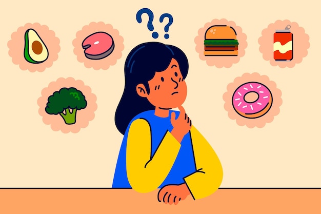 Бесплатное векторное изображение Выбор между здоровой и нездоровой пищей женского персонажа
