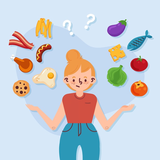 Бесплатное векторное изображение Выбор между здоровой или нездоровой пищей с женщиной