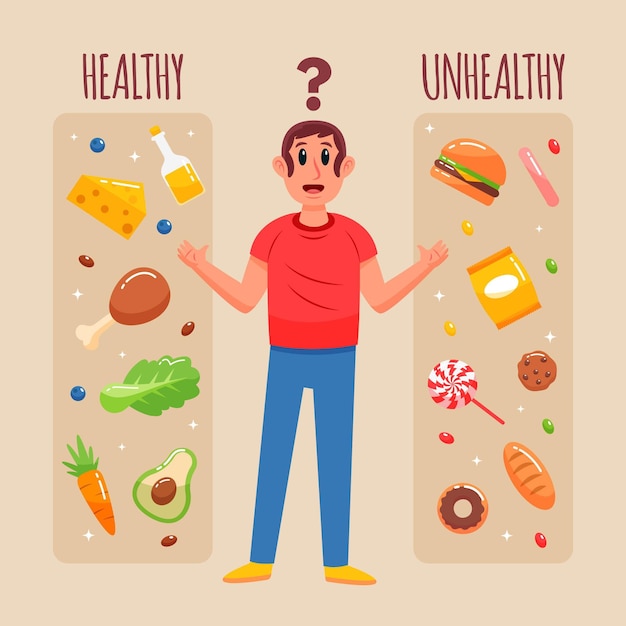 Бесплатное векторное изображение Выбор между здоровой или нездоровой пищей
