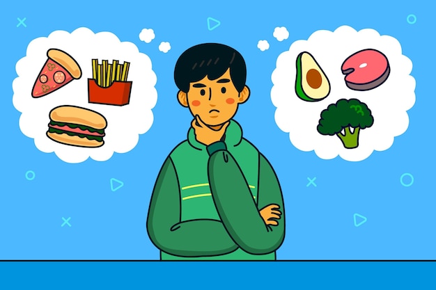 Free vector choosing between healthy and junk food man character