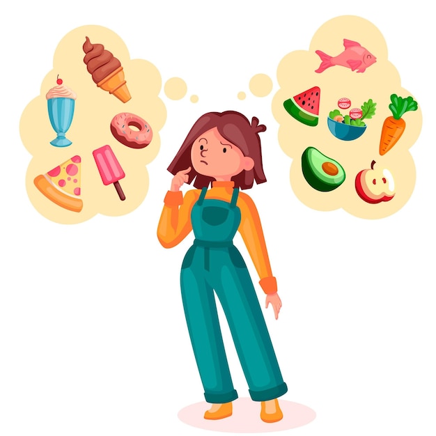 Free vector choosing between healthy or unhealthy food