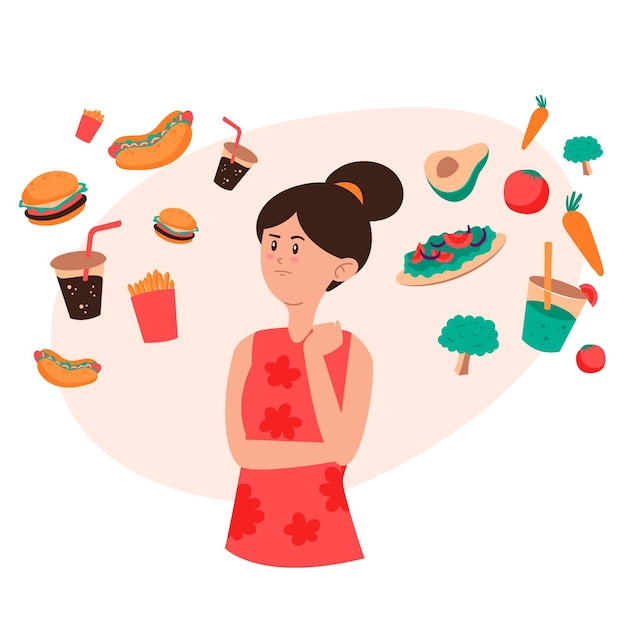 Free vector choosing between healthy or unhealthy food