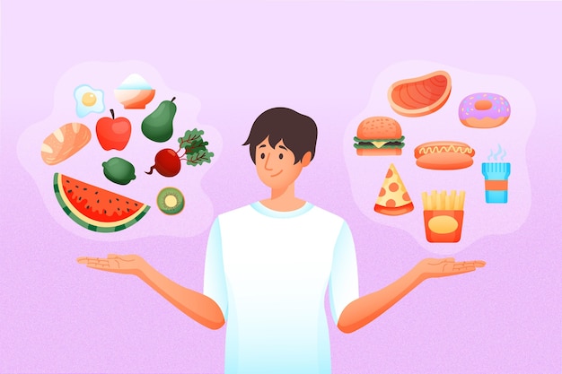 Free vector choosing between healthy or unhealthy food