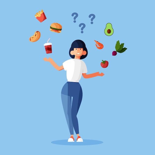 Free vector choosing between healthy or unhealthy food